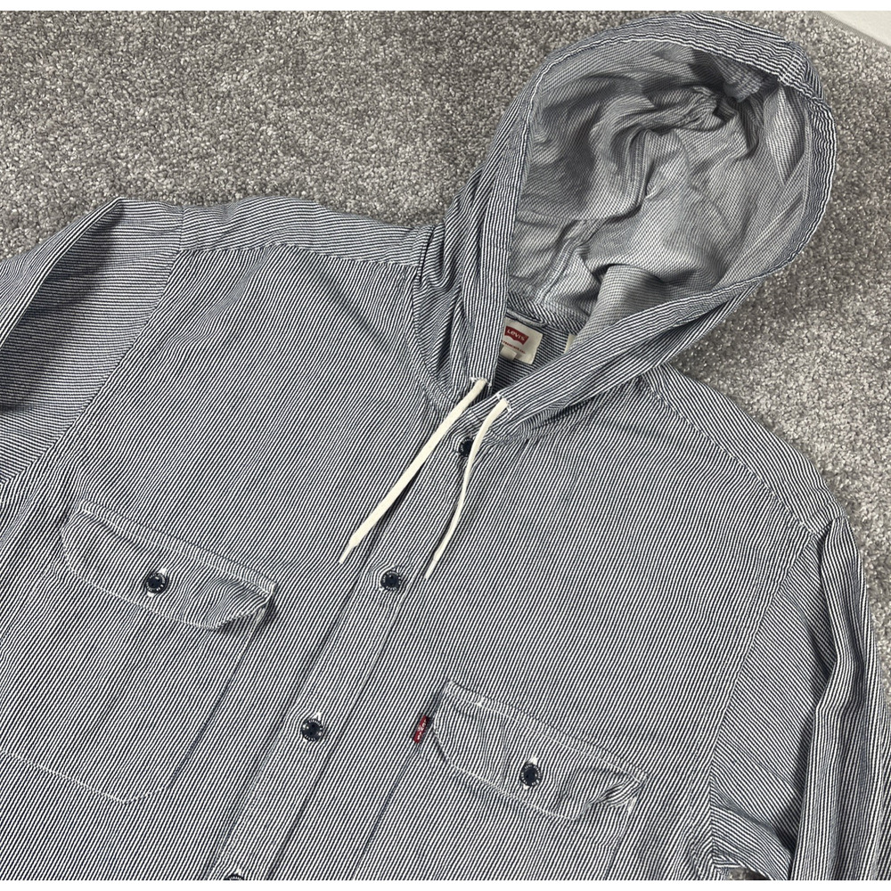 Levis Shacket Mens Small Button Up Hoodie Pin‎ Stripe Drawstring Casual Outdoors